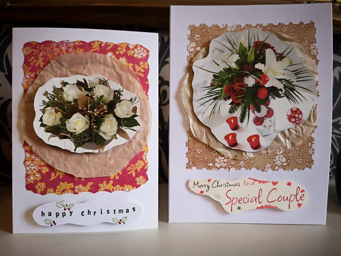 Two Christmas cards on which small images from a magazine are layered over tissue and craft paper as a background